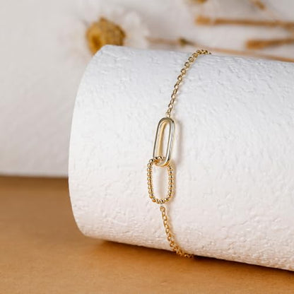 Dainty Lucky Four Leaf Clover Bracelets for Women, Trendy 14K Gold Plated Hypoallergeni Cubic Zirconia Bracelets Cute Paperclip Interlocking Adjustable Chain - color: Gold Paperclip Bracelet