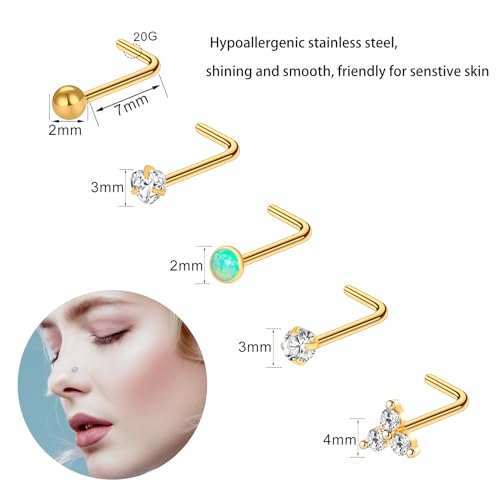 23-40 Pcs Gold Nose Rings & Studs - 18G & 20G Nose Piercing Jewelry - L Shape, Hoop & Screw Body Jewelry for Women & Men - color: Gold-E
