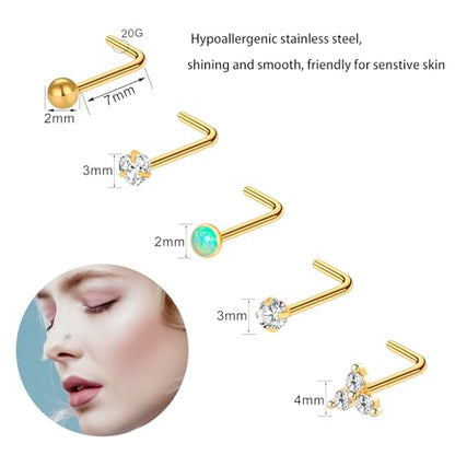 23-40 Pcs Gold Nose Rings & Studs - 18G & 20G Nose Piercing Jewelry - L Shape, Hoop & Screw Body Jewelry for Women & Men - color: Gold-E