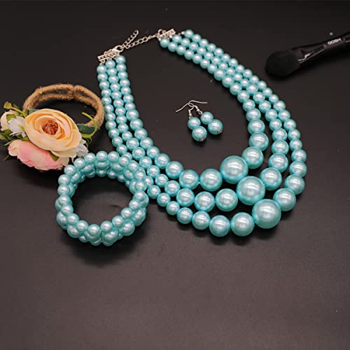 We We Imitation Pearl Necklace for Women Large Chunky Pearl Necklaces Multilayer Pearl Necklace and Earring 1920s Costume Jewelry set - color: sky blue pearl necklace set