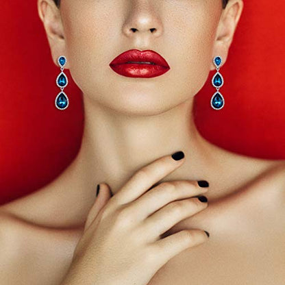 EleQueen Women's Crystal Teardrop Pear Shape 2.5 Inch Long Earrings | Dangle Earrings for Women, TearDrop Crystals Earrings for Bride Bridesmaid, Prom Jewelry for Wedding - color: 09-Blue