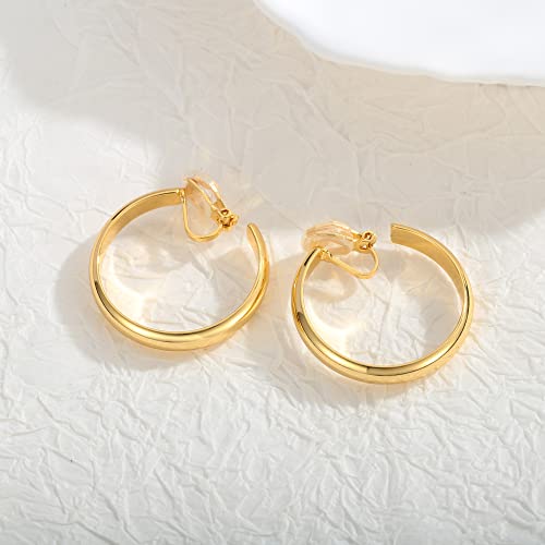 WOWORAMA Chunky Gold Hoop Clip On Earrings for Women | Large Chunky Hoops Clips Earrings, Polished Gold-Plated Clip-On Hoops, Statement Non Pierced Jewelry - color: 30mm Flat Hoops