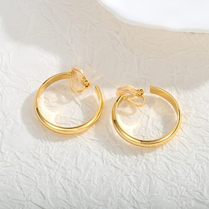 WOWORAMA Chunky Gold Hoop Clip On Earrings for Women | Large Chunky Hoops Clips Earrings, Polished Gold-Plated Clip-On Hoops, Statement Non Pierced Jewelry - color: 30mm Flat Hoops