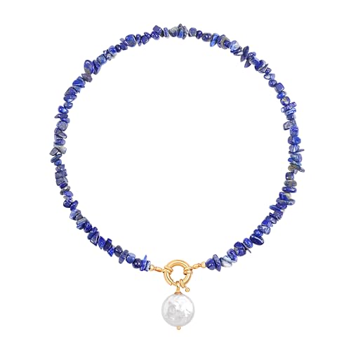 Aobei Pearl 18K Gold Plated Pendant Necklace for Women Dainty Gold Chain Choker Love Heart Disc Coin Pearl Cross Toggle Jewelry - style: Lapis Lazuli Coin Pearl