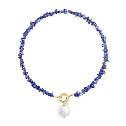 Aobei Pearl 18K Gold Plated Pendant Necklace for Women Dainty Gold Chain Choker Love Heart Disc Coin Pearl Cross Toggle Jewelry - style: Lapis Lazuli Coin Pearl