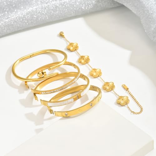 Bangle Bracelet Set for Women Stackable No Tarnish 18K Gold Plated Stainless Steel Dainty Gold Bangle Bracelets - color: Style 3