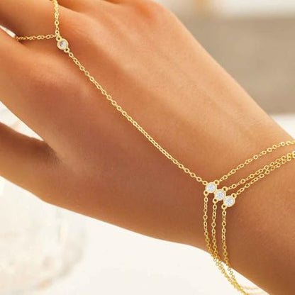 925 Sterling Silver Hand Chain Bracelet for Women | 14k Gold Plated CZ Crystal Heart Starburst Ring Bracelets Hand Chain Diamond Layered Stackable Link Chain Beach Jewelry Gifts - color: Gold