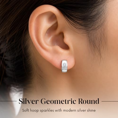 Gempires Huggie Hoop Earrings for Women | Cubic Zirconia Fashion Earrings Collection | Gold, Silver & Rose Gold Tone Styles | Lightweight Everyday Jewelry - color: Silver Geometric Round
