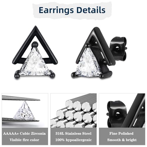 Unisex Geometric Triangle Stud Earrings, Stainless Steel Minimalist Cubic Zirconia Pierced Post Earrings for Men Women - style: Double Layer-Black