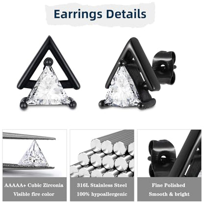 Unisex Geometric Triangle Stud Earrings, Stainless Steel Minimalist Cubic Zirconia Pierced Post Earrings for Men Women - style: Double Layer-Black&Sliver