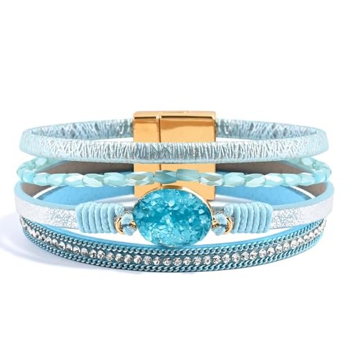 Wrapped Bracelets for Women,Leather Boho Bracelets for Women - color: Beads-Teal