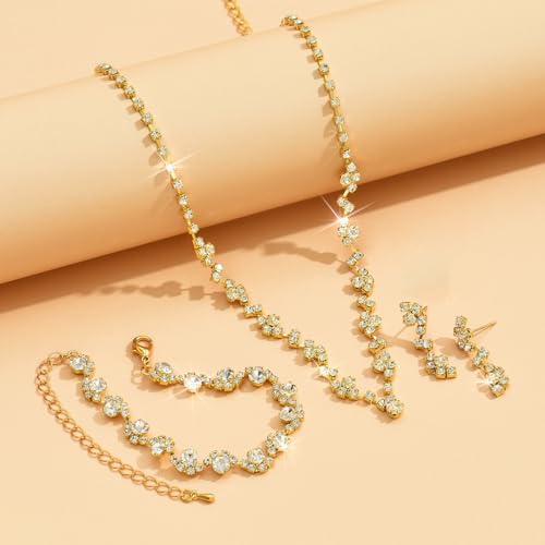 Prom Earrings Necklace Bracelet Set Elegant Crystal Rhinestone Necklace Earrings Bracelet Bridal Wedding Prom Dresses Costume Outfit Gold Jewelry Sets for Women - color: Gold