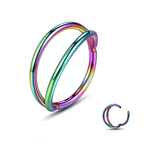 Nose Rings Hoops - 316L Surgical Steel Double Hoop Nose Rings Hinged Conch Piercing Jewelry Septum Lip Rings Cartilage Earring Helix Rook Tragus Daith - color: rainbow