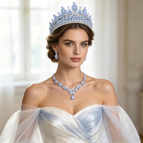 Crowns and Tiaras Jewelry Set for Women.Wedding (Gold Green) | Wedding Crown, Necklace Earrings, Princess Queen Birthday Party, Pageant Bridal, Costume Accessories - color: Opal Blue