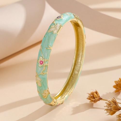 Cloisonne Bracelet For Women, Chunky Bangle Trendy Cute Flower Enamel Bangles Multi Tone Engraved Cuff Gold Plated Bracelets Stackable Wife Jewelry Friendship Gift - color: Dark Green