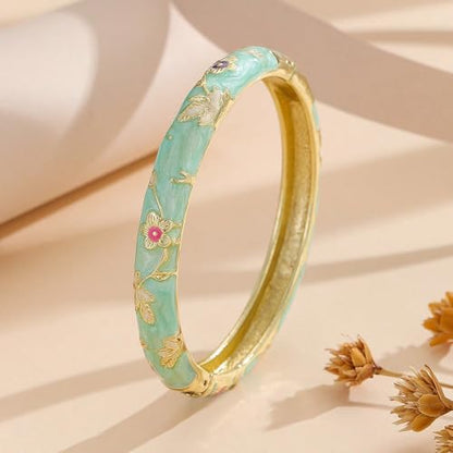 Cloisonne Bracelet For Women, Chunky Bangle Trendy Cute Flower Enamel Bangles Multi Tone Engraved Cuff Gold Plated Bracelets Stackable Wife Jewelry Friendship Gift - color: Pink