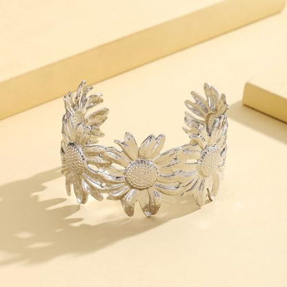 YWMAN Silver Flower Cuff Bracelet, Metallic Floral Chunky Bracelet for Women - color: Flower 3