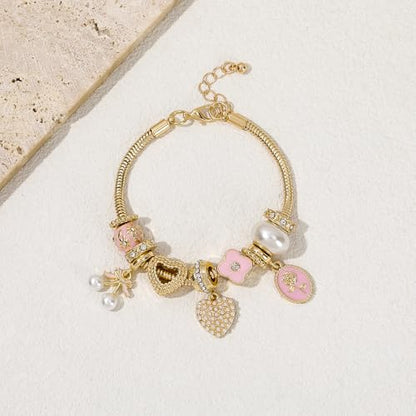 Charm Bracelet Gold Bracelets for Women Gifts | LOVE Heart Hollow Flower Bow Pink Green Square Gemstone Beaded Charm Bracelet Cute Adjustable Bracelet Jewelry - style: Pearl Bow Cherry Heart