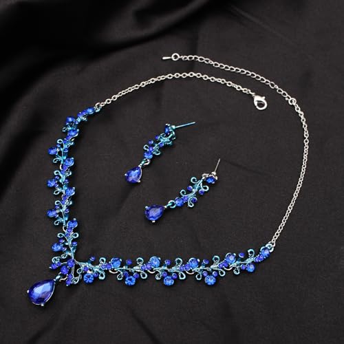 3Pcs Austrian Crystal Jewelry Set for Women, Necklace Dangle Earrings Link Bracelet Jewelry Set with Gold/Platinum/Gun Plated, Wedding Party Jewelry for Bridal Bridesmaid - color: Deep Blue-Platinum Plated