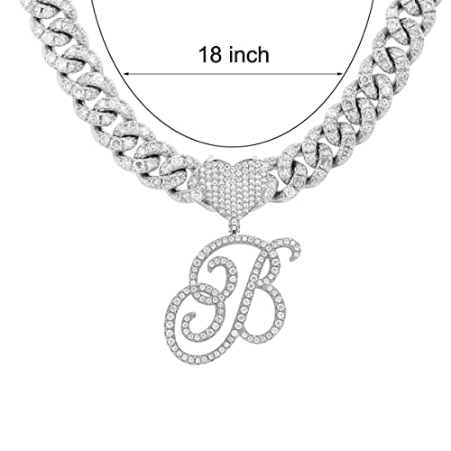 Initial Necklaces Silver Cuban Link Chain for Women Iced Out Chain with Heart Letter Pendants Custom Chain Name Necklace Hip Hop Jewelry Gift - color: B