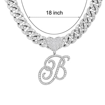 Initial Necklaces Silver Cuban Link Chain for Women Iced Out Chain with Heart Letter Pendants Custom Chain Name Necklace Hip Hop Jewelry Gift - color: B