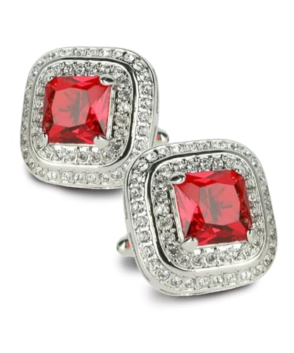 Square Colored Crystal Double Diamond Set Cufflinks - color: Deep Red/Silver