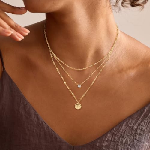 Layered Necklaces for Women, Simple Gold Necklace Stack Dainty 14K Gold Plated CZ Disc Pendant Necklace Set Non Tarnish Gold Jewelry Gifts - color: Gold-Wave+CZ+Disc