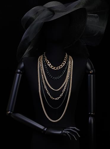 COOLSTEELANDBEYOND Statement Necklace Waterfall Multi-Strand Curb Link Rolo Chains, Punk Rock Cool, Light Weight - color: B-Color: 18K Gold-Plated & Black