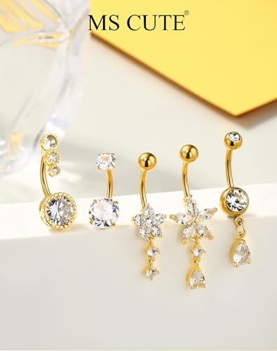 5PCS Belly Button Rings for Women Girls, 14G Surgical Steel Navel Rings Set, Gold & Silver CZ Dangle Body Piercing Jewelry - color: Gold-Flower