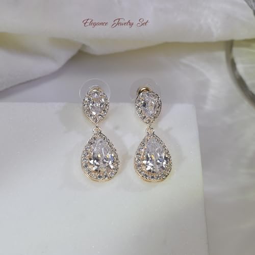 Bride Teardrop Earrings & Bracelet Wedding Jewelry Set, Cubic Zirconia Bridal Bridesmaid Party Formal Prom Gift - color: Gold