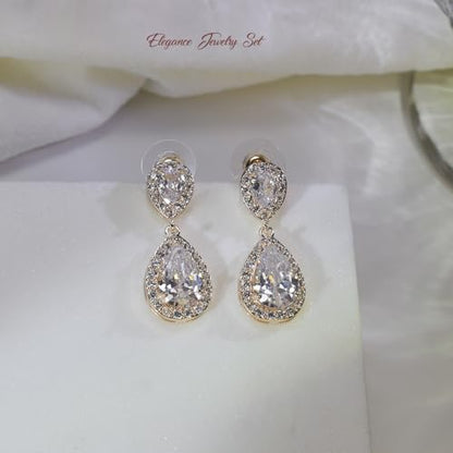 Bride Teardrop Earrings & Bracelet Wedding Jewelry Set, Cubic Zirconia Bridal Bridesmaid Party Formal Prom Gift - color: Gold