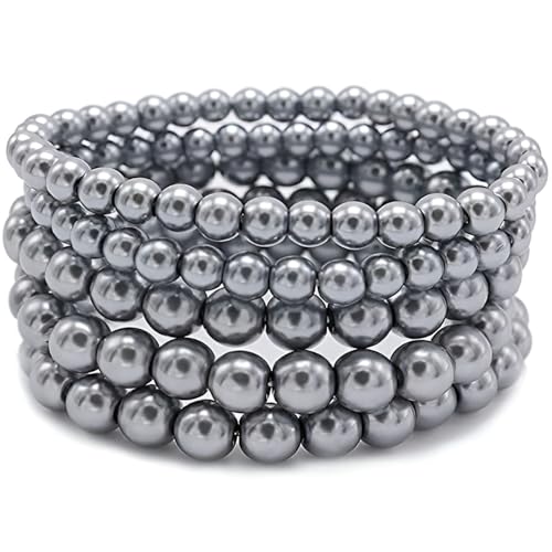 Faux Pearl Beaded Bracelets for Women Ladies Elastic Stretch Bracelet Stackable Jewelry Set Pulsera Para Mujer 5 pcs Size 6-8 MM - color: Grey