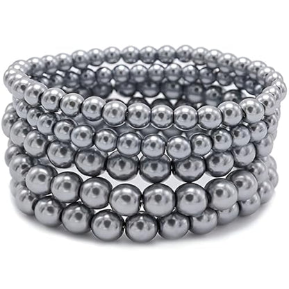 Faux Pearl Beaded Bracelets for Women Ladies Elastic Stretch Bracelet Stackable Jewelry Set Pulsera Para Mujer 5 pcs Size 6-8 MM - color: Grey