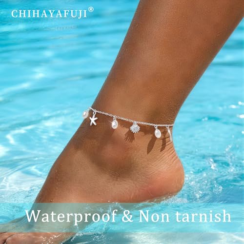 Sterling Silver Ankle Bracelets for Women 14k Gold Plated Waterproof Dainty Layered Stackable Seashell Pearl Charm Non Tarnish Adjustable Anklet for Summer Beach Jewelry Gift - color: Silver3