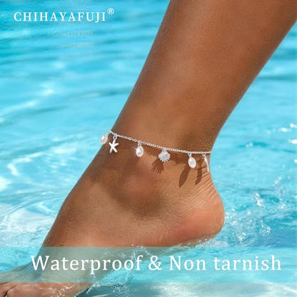 Sterling Silver Ankle Bracelets for Women 14k Gold Plated Waterproof Dainty Layered Stackable Seashell Pearl Charm Non Tarnish Adjustable Anklet for Summer Beach Jewelry Gift - color: Silver3