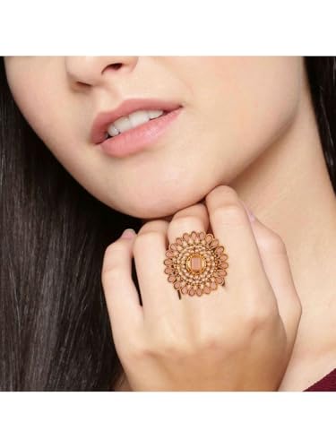 Efulgenz Indian Jewelry Ring Round Faux Pearl Crystal Adjustable Big Finger - color: Peach