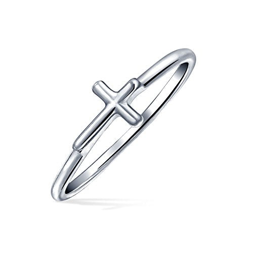 Bling Jewelry Minimalist Simple Midi Knuckle Thin 1MM Band Stackable Religious Sideways Cross Ring For Teen Yellow 14K Gold Plated .925 Sterling Silver - color: Silver