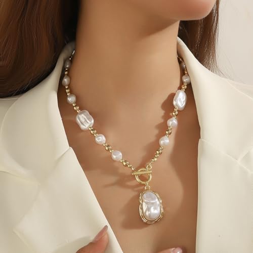 Chunky Pearl Necklaces for Women Chunky Baroque Pearl Beaded Gold Chain Link Pearls Pendant Necklace White Pearls Necklace Valentine's Day Jewelry Gifts Party Prom Birthday Outfits Accessorie - style: Pearl Bead Necklace, Pearl Pendant