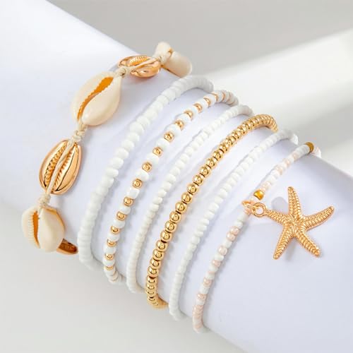 Qceasiy Starfish Ankle Bracelets for Women, Boho Beaded Beach Anklets Set | Gold-plated layered anklets in seashell, disc, and conch styles, with stretch or adjustable fits for summer beach outfits. - color: Gold 4