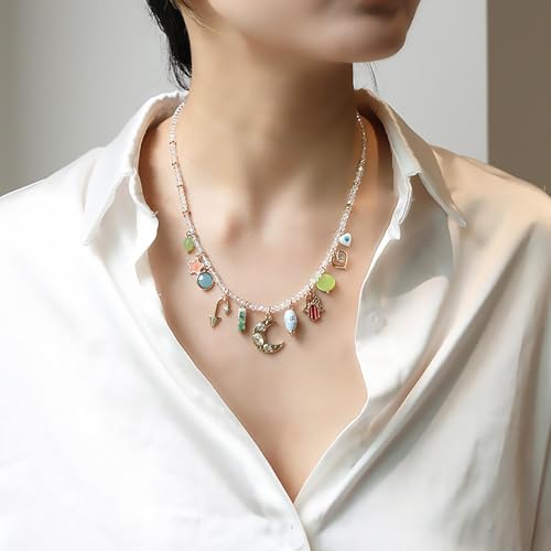 ORIGENCE Sun Heart Necklace for Women 18K Gold Plated Heart Pendant Necklace Chunky Chain Choker Necklaces Hip Hop Charm Necklaces Trendy Unisex Jewelry - style: 11Charm-Glass Bead