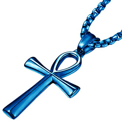 JUNOVUROS 18 to 28 Inches Rolo Chain Ancient Ankh Cross Pendant Necklace for Men Women Boys Girls 316L Stainless Steel with Large And Medium Sizes - color: H-Blue/Size:1.77 '' * 0.98 ", style: 26 Inches