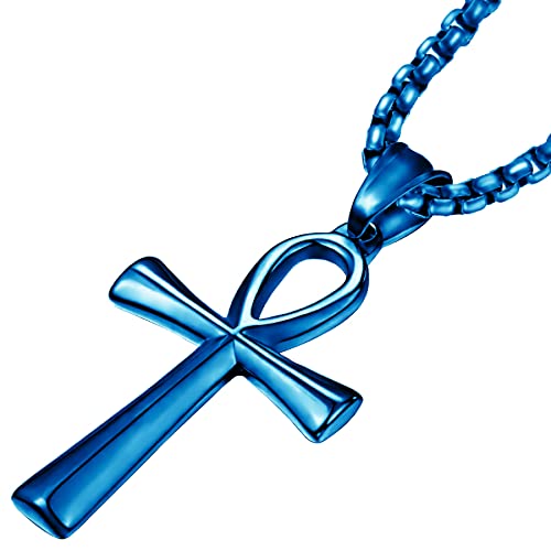 JUNOVUROS 18 to 28 Inches Rolo Chain Ancient Ankh Cross Pendant Necklace for Men Women Boys Girls 316L Stainless Steel with Large And Medium Sizes - color: H-Blue/Size:1.77 '' * 0.98 ", style: 20 Inches