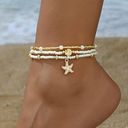 Qceasiy Starfish Ankle Bracelets for Women, Boho Beaded Beach Anklets Set | Gold-plated layered anklets in seashell, disc, and conch styles, with stretch or adjustable fits for summer beach outfits. - color: Gold 1