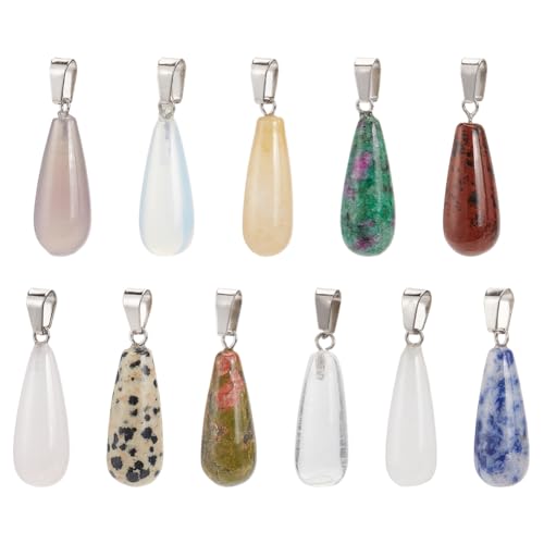 PH PandaHall 24pcs Stone Pendant Oval Long Tears Water Drop Chakra Charm Semi-Precious Gemstone Rock for Necklace Jewelry Making - color: 12 Color Long Drop -24pcs