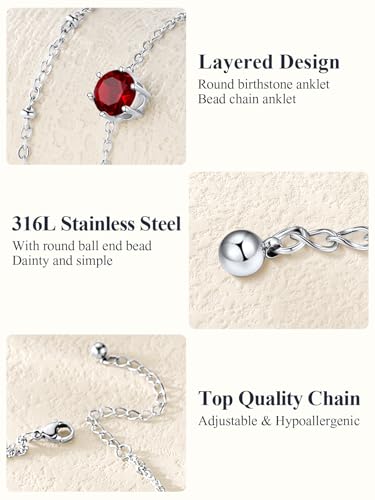 U7 Silver Ankle Bracelet for Women, Waterproof Layered Ankle Round Gem Birthstone Anklets, Summer Beach Foot Jewelry, Adjustable 8.5"-10.5" - color: 01.January-Garnet Red