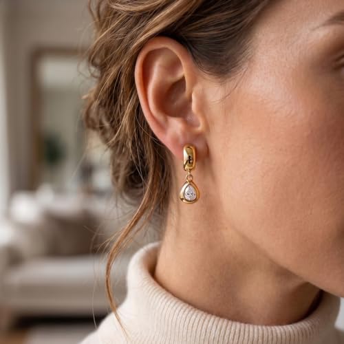 Gold Dangle Earrings for Women, 14K Gold Plated Chunky Hoop Earrings with Charms Cubic Zirconia Drop Earrings Statement Jewelry for Women - color: Gold B