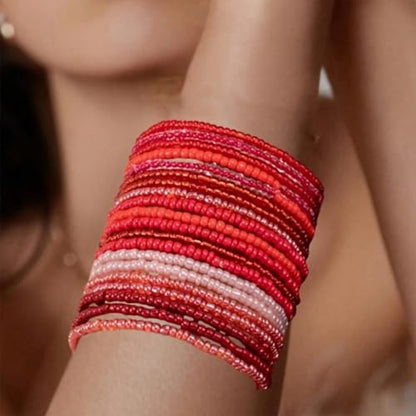 16-30Pcs Handmade Bohemian Colorful Crystal Seed Beads Stackable Adjustable Elastic Stretch Multilayerd Bracelets for Women Summer Vacation Beach Boho Bangle Jewelry - color: red