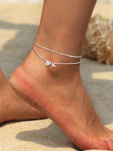 Suplight Initial Ankle Bracelets for Women 14K Gold Plate Waterproof No Tarnish Anklets Layered Heart Letter Anklet Adjustable Plus Size Foot Chain Summer Beach Boho Jewelry Silver Black 8.5-10 Inch - color: Silver, style: 8.H