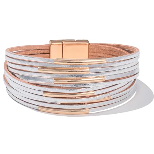 Gold Tube Leather Wrap Bracelets Boho Chunky Stackable Layered Western Cuff | Stacked Bohemian Cool Magnetic Clasp Bangles Statement Cowgirl Hippie Country Festival Accessories for Women Trendy - color: Silver