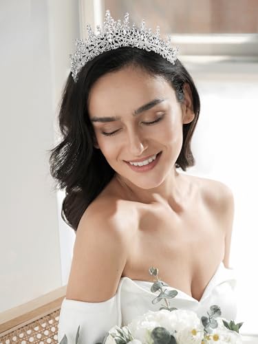 SWEETV Crystal Wedding Tiara for Women, Royal Queen Crown Headband, Rhinestone Princess Hair Accessories for Prom Birthday - color: 0.Silver